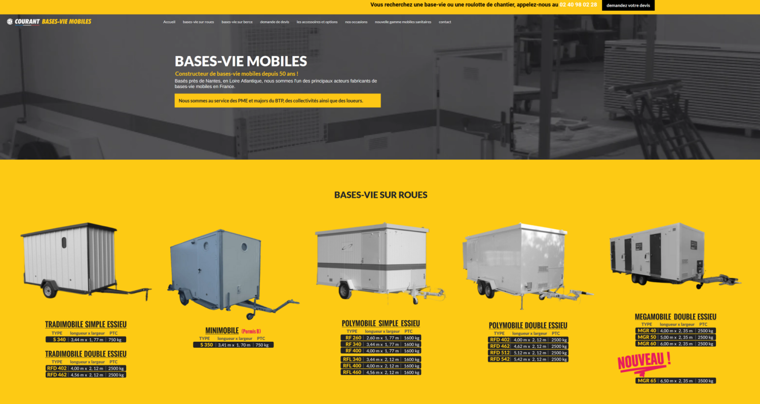 site web proposant la vente de base-vie mobile de chantier autonome pour les entreprises du bâtiment